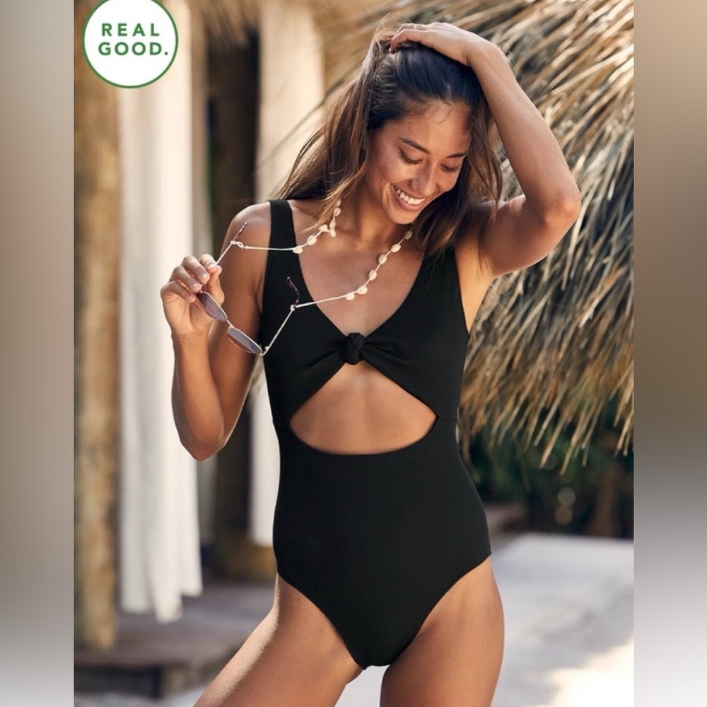 Aerie Black Ribbed Knot One Piece Cutout Low Back Full Coverage Swimsuit Medium